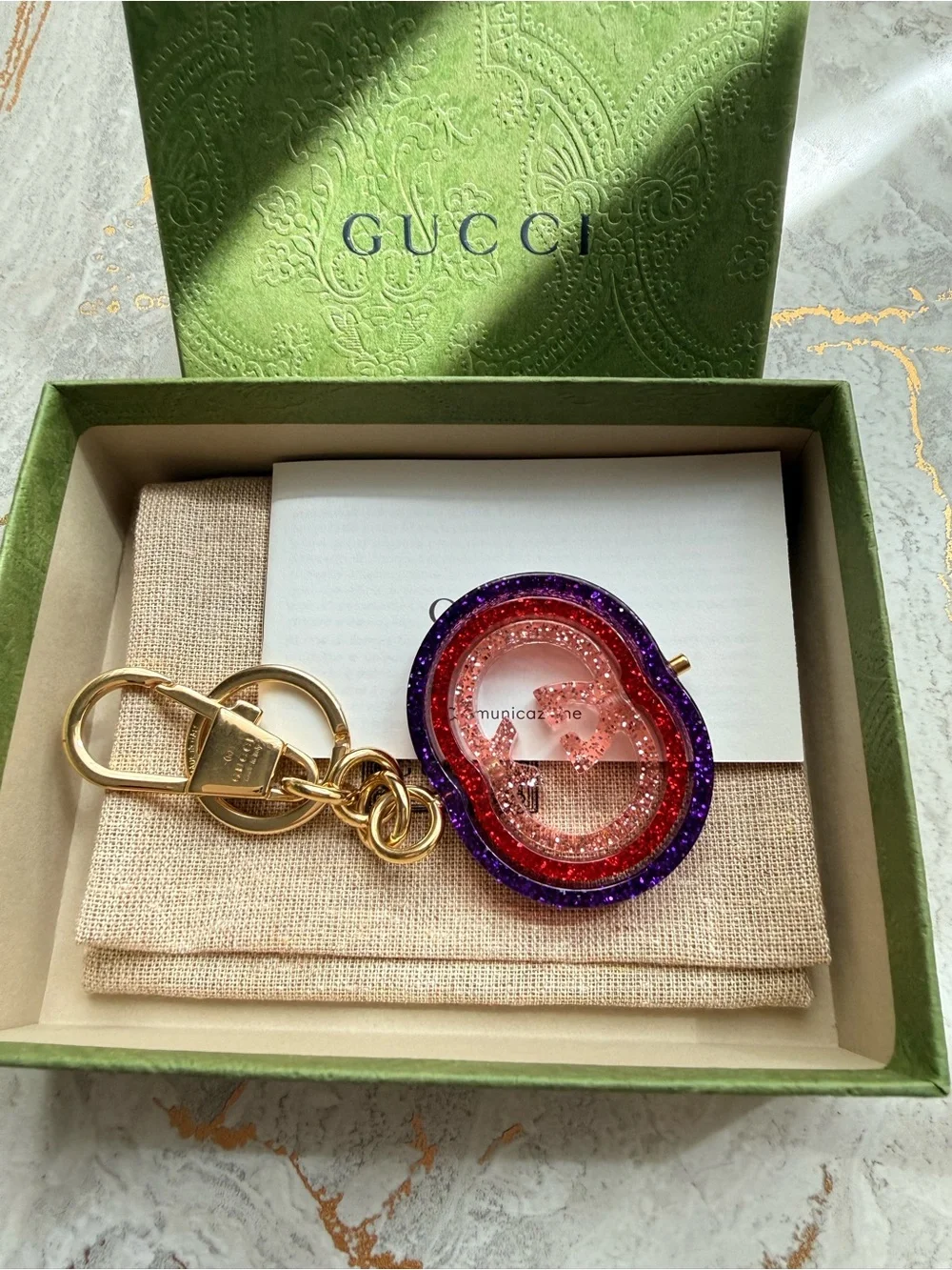 Gucci Interlocking G Glitter Resin Keychain Bag Charm Purple Red Pink Gold